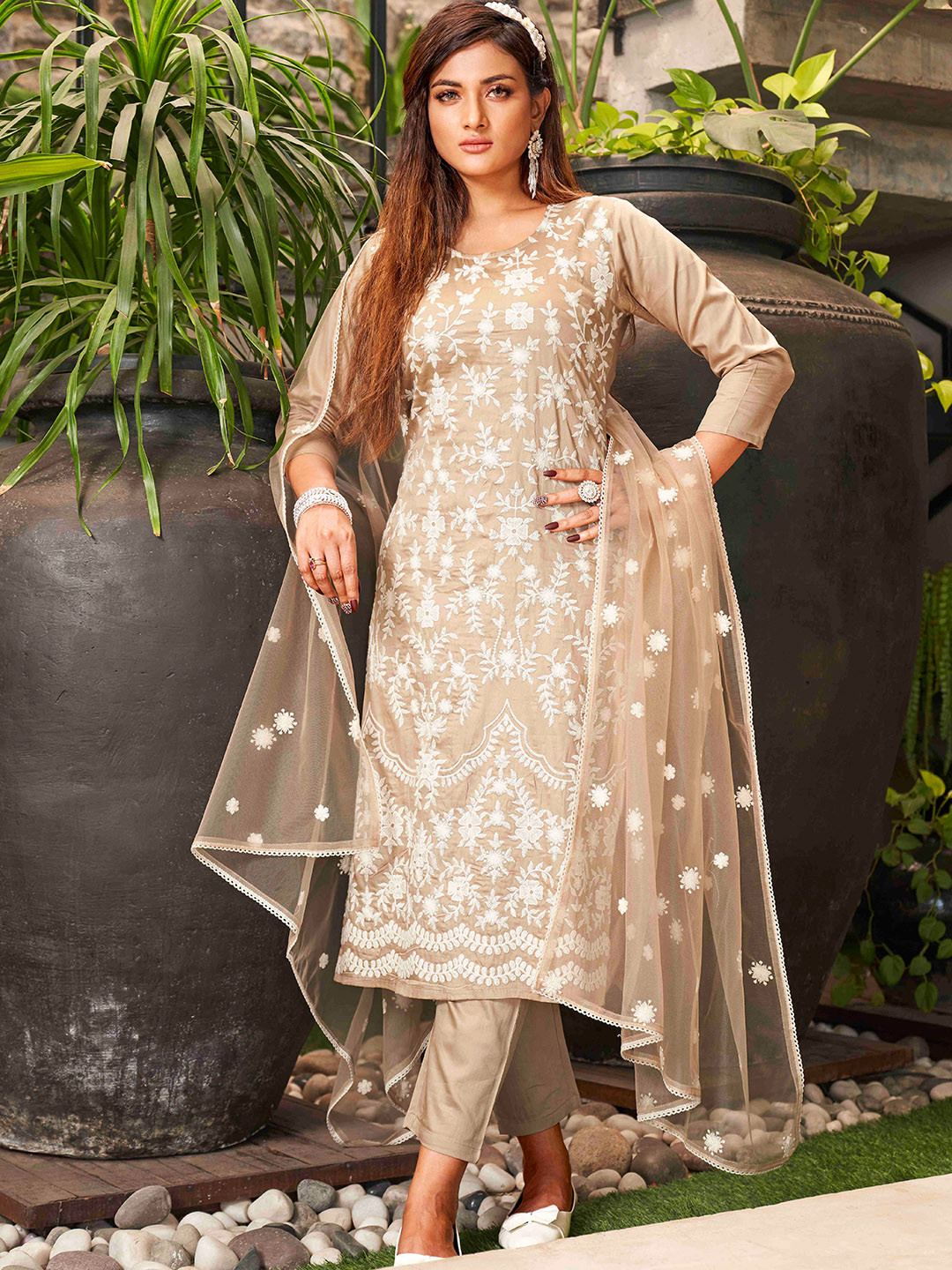 Tikhi Imli Floral Embroidered Chikankari Pure Cotton Kurta with Trousers & Dupatta
