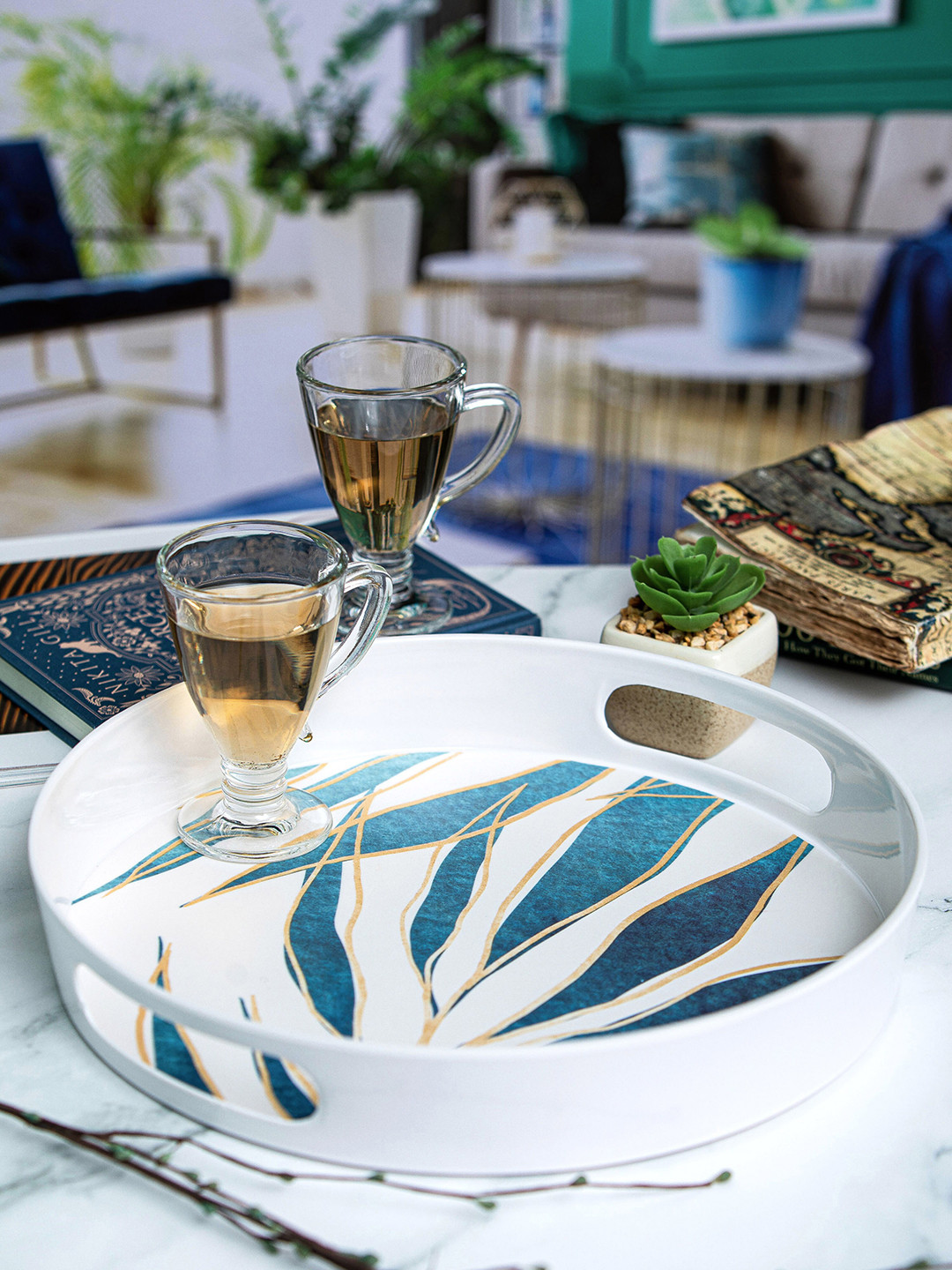 GOODHOMES White & Teal Blue Printed Melamine Dishwasher Safe Round Serving Tray