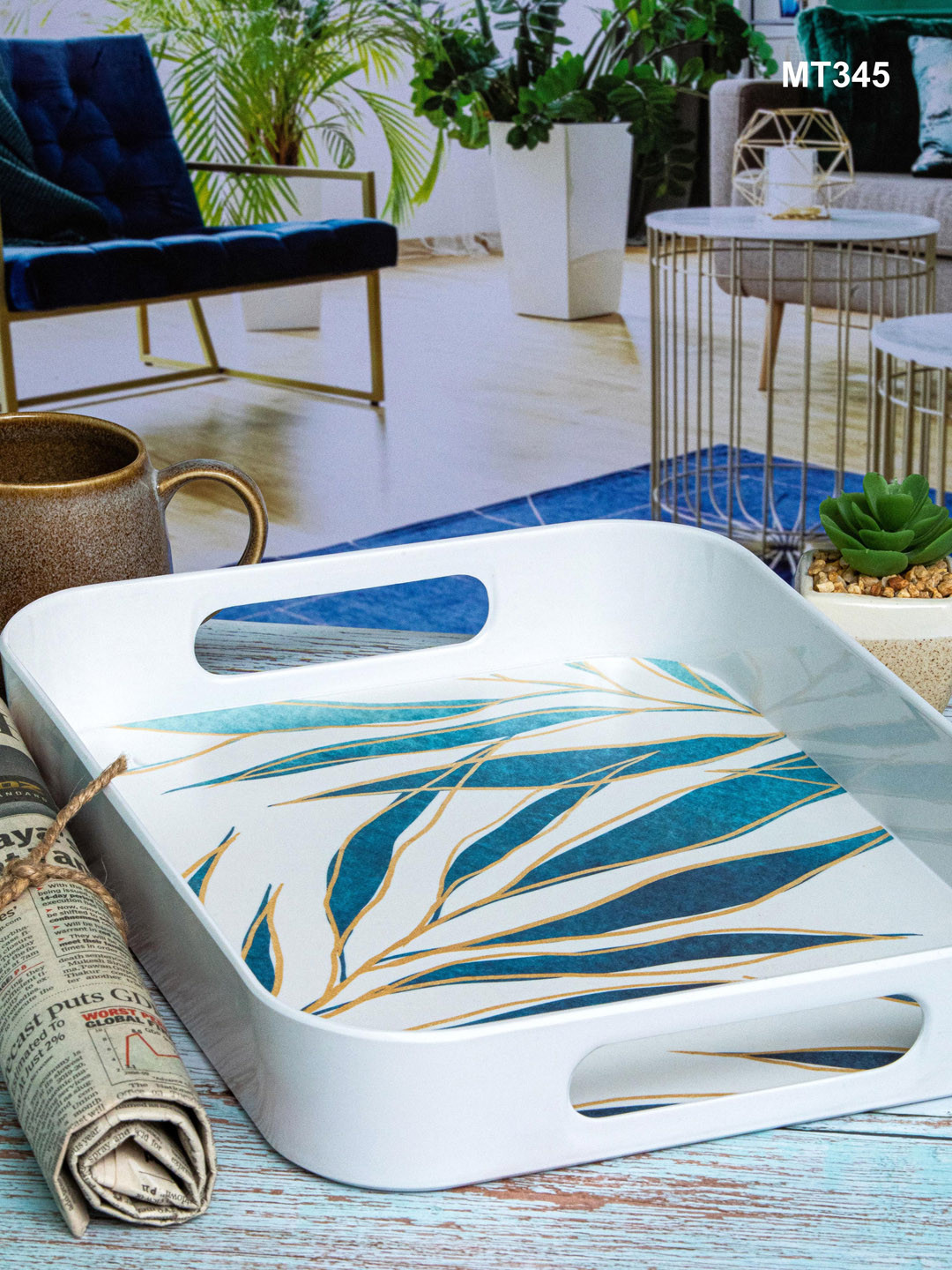 GOODHOMES White & Teal Blue Printed Melamine Dishwasher Safe Rectangular Serving Tray