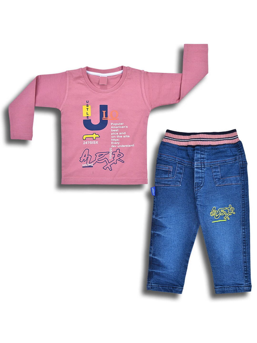 Wish Karo Boys Printed Round Neck Long Sleeves T-shirt with Jeans Clothing Set