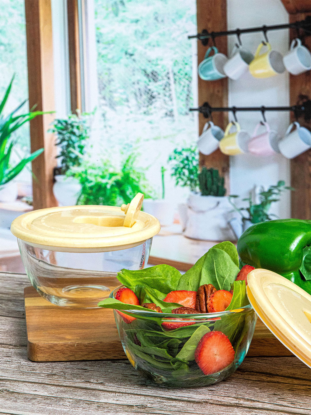 GOODHOMES Transparent & Yellow 2 Pieces Glass Bowls With Lid 350 ml Each