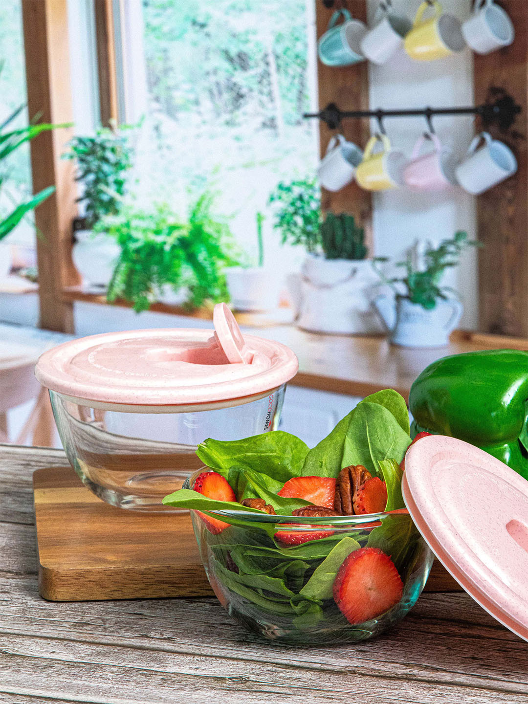 GOODHOMES Transparent & Pink 2 Pieces Glass Bowls With Lid 350 ml Each
