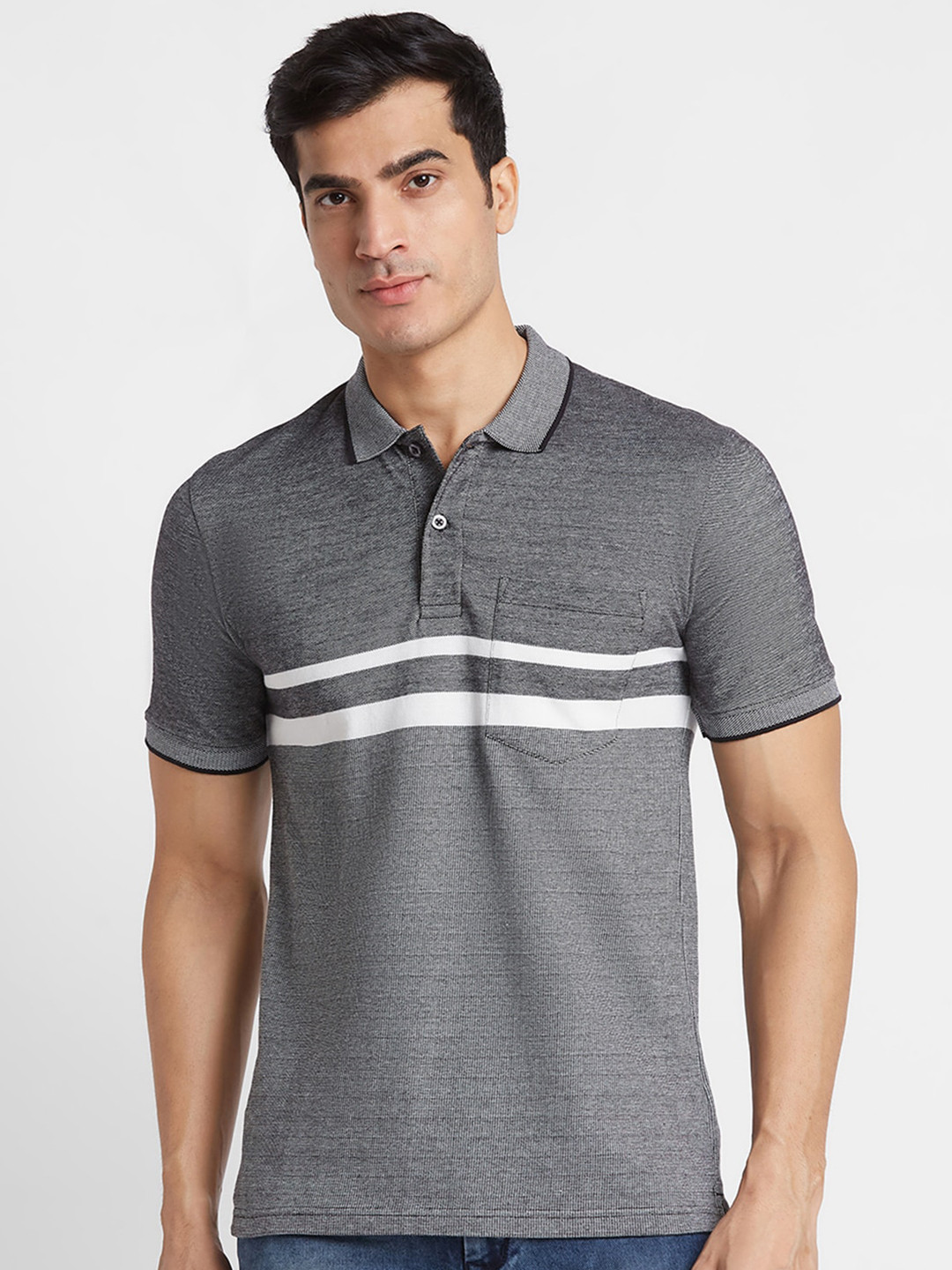 Globus Men Black Tshirt Striped Pure Cotton Polo Collar Regular Fit T-shirt
