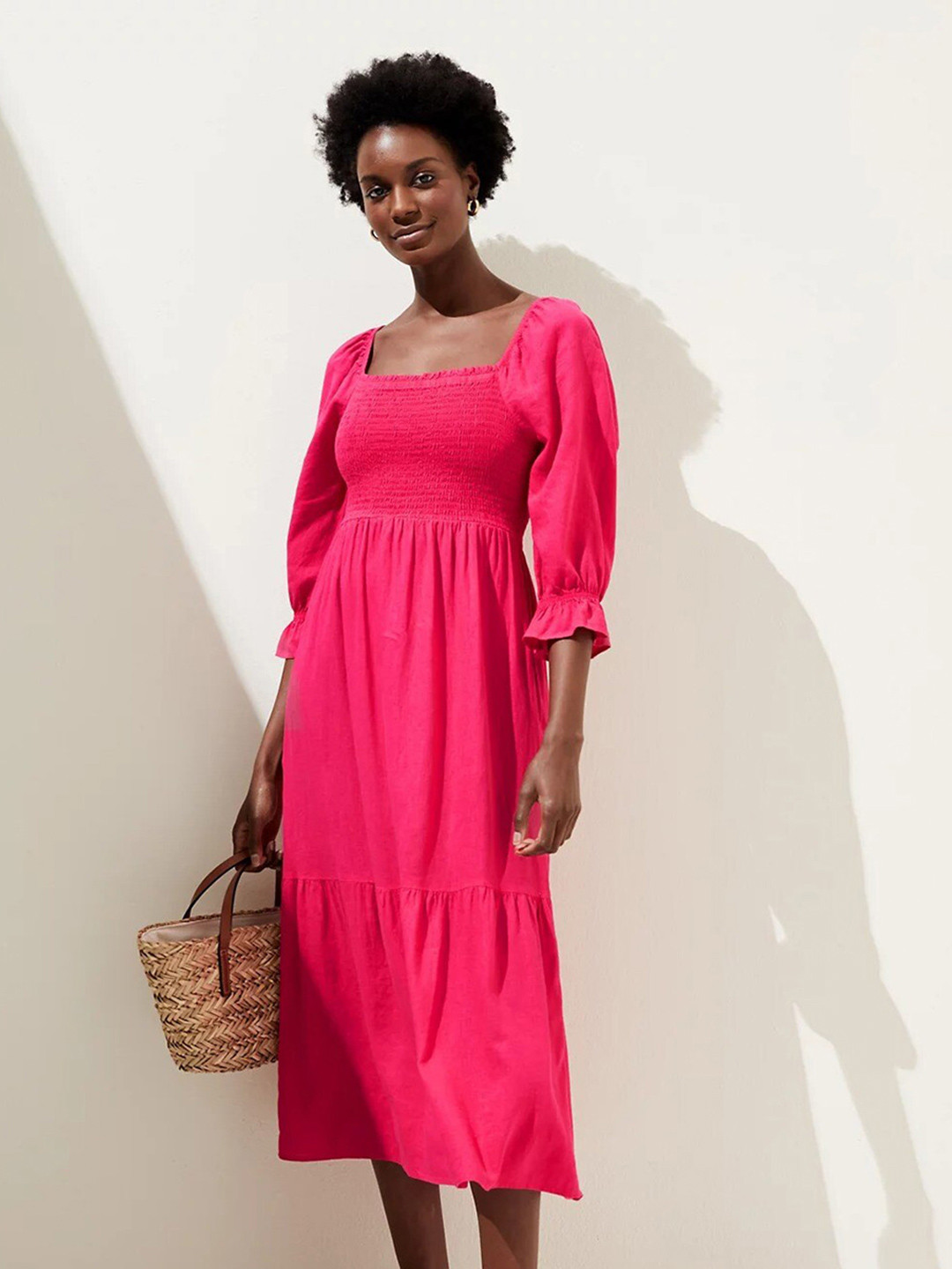 Marks & Spencer Puff Sleeve Smocked Flounce A-Line Dress