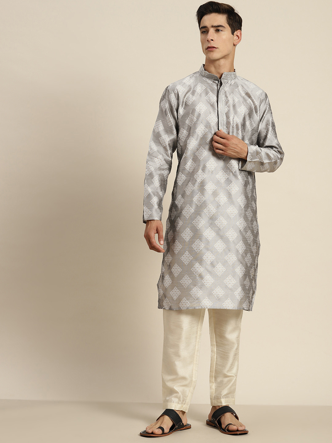 SOJANYA Ethnic Motifs Kantha Work Pastel Silk Cotton Kurta