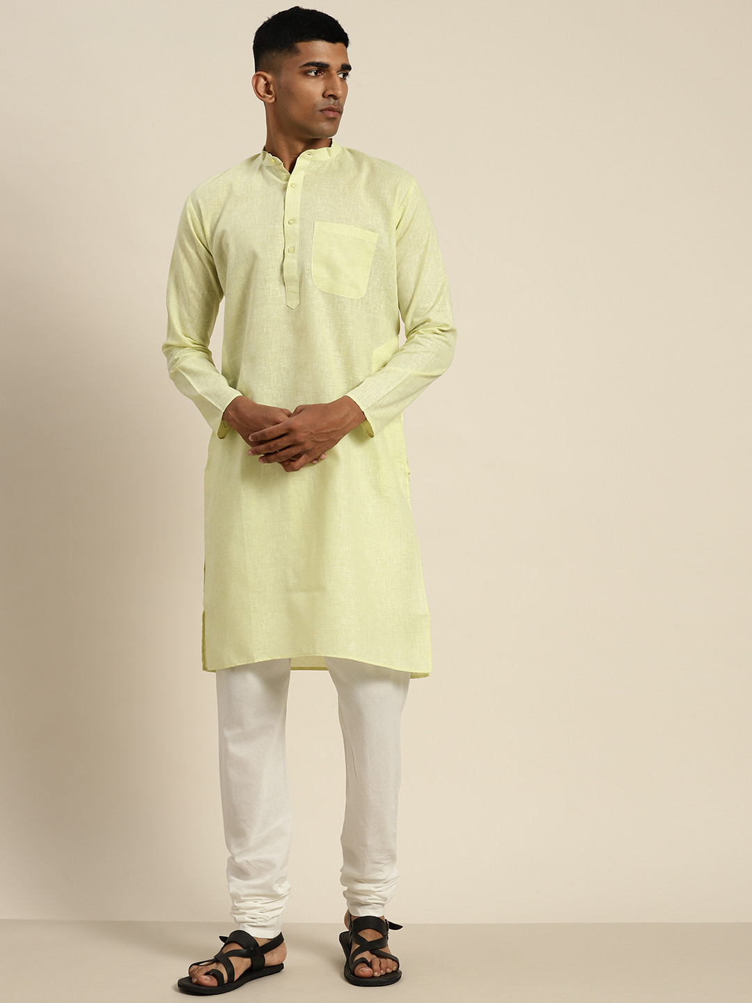 SOJANYA Mandarin Collar Cotton Linen Pastel Kurta