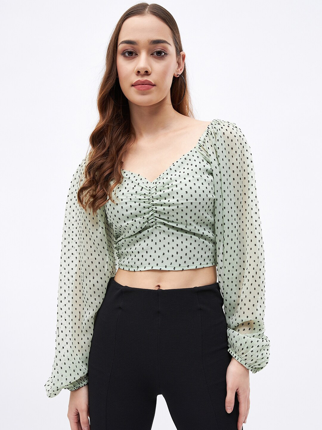 JUNE & HARRY Self Design Sweetheart Neck Puff Sleeve Crop Top