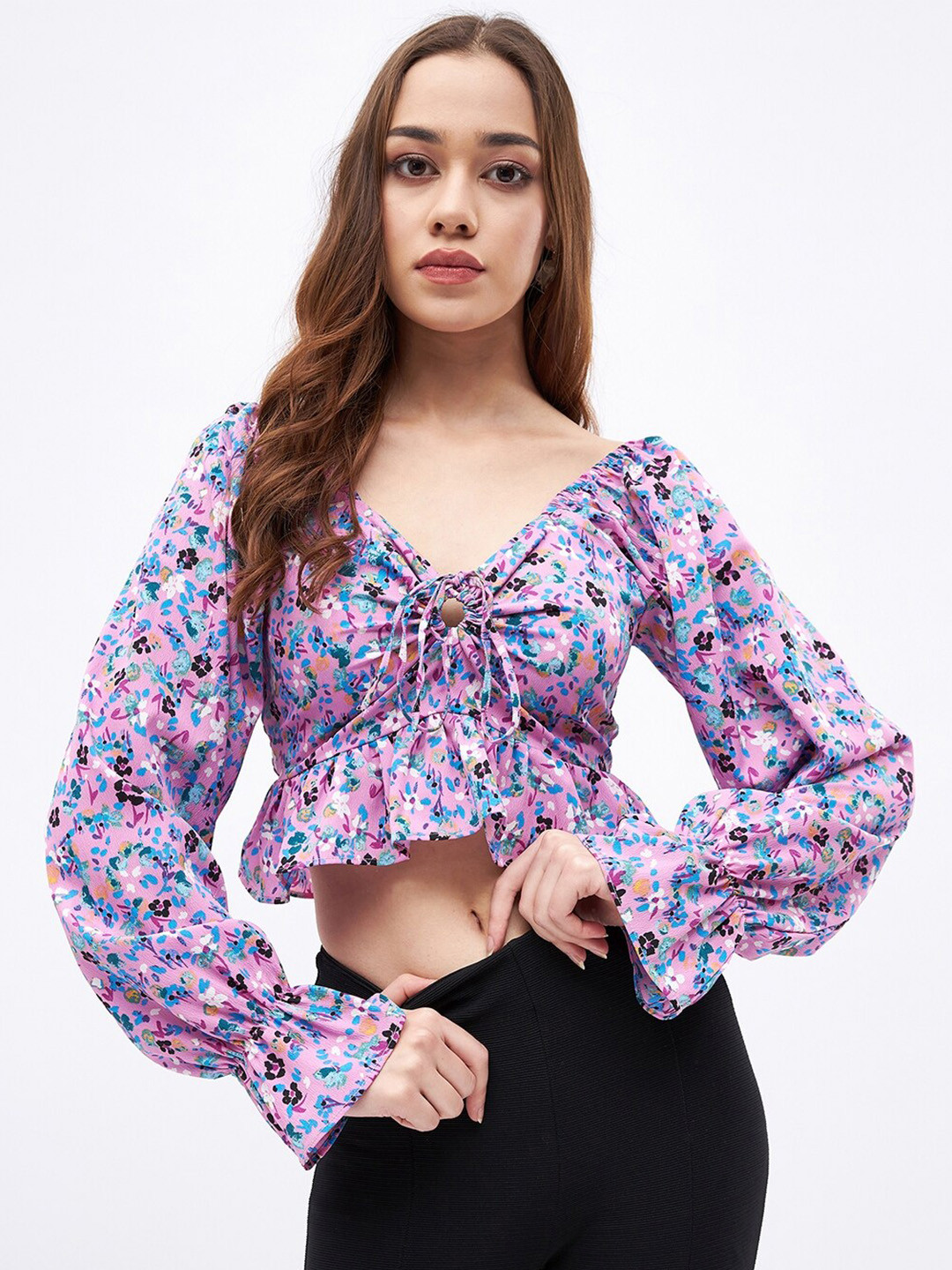 JUNE & HARRY Floral Printed Tie-Up Neck Puff Sleeves Ruched Crop Top