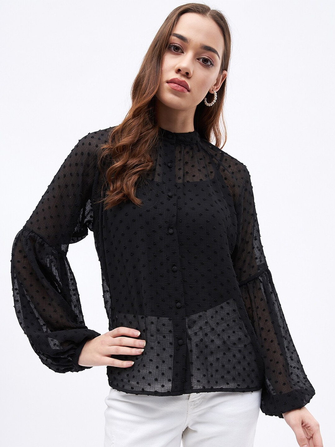 JUNE & HARRY Self Design Puff Sleeves Chiffon Shirt Style Top