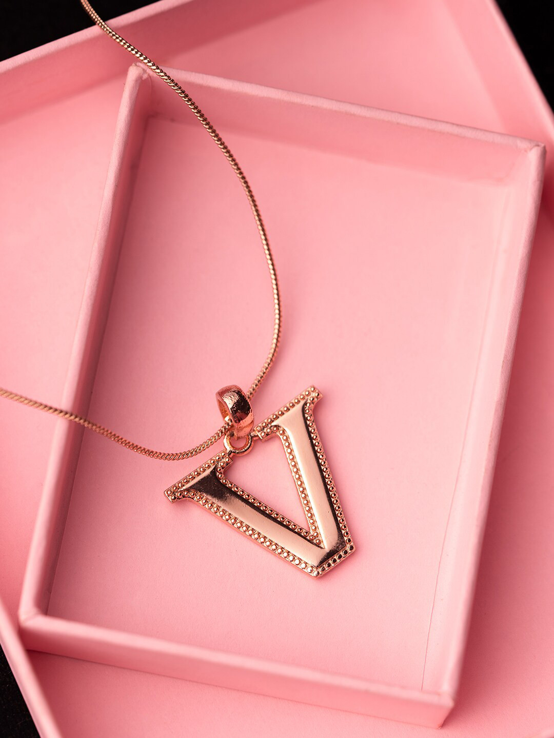 Estele Rose Gold Plated Vibrant V Charm Alphabet Initials Pendant with Chain