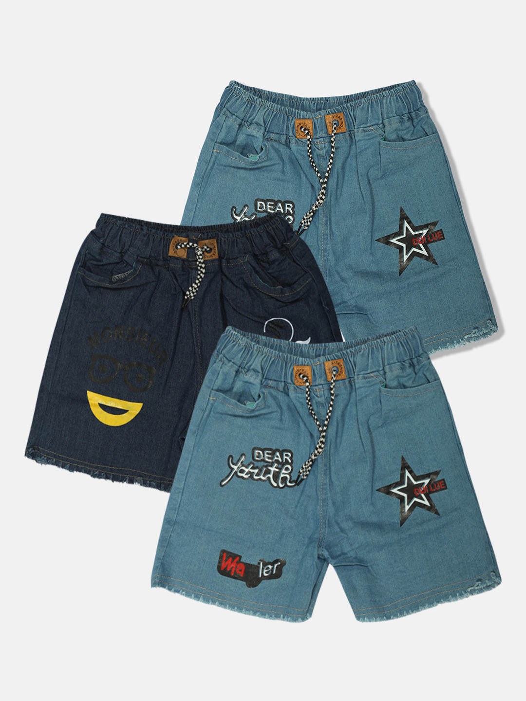 MANZON Girls Pack of 3 Printed Mid-Rise Denim Shorts