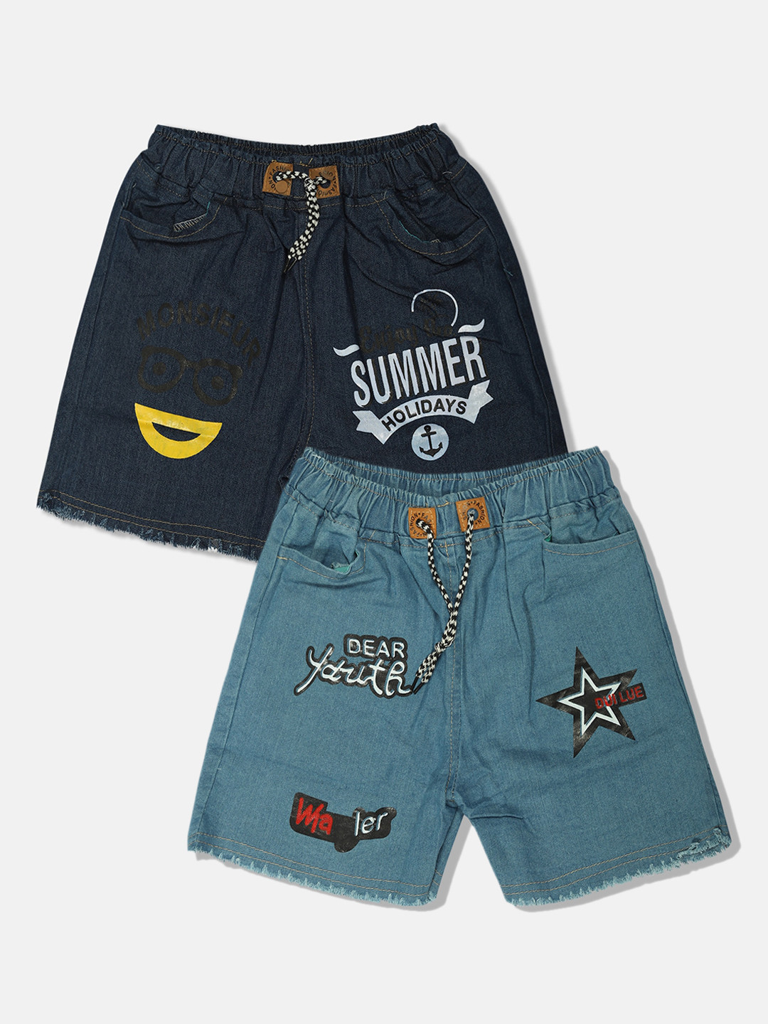 MANZON Girls Pack Of 2 Graphic Printed Mid-Rise Denim Shorts