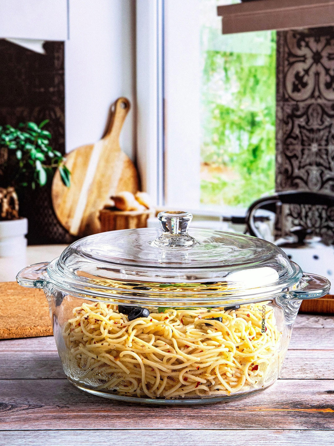 GOODHOMES Transparent Dishwasher Safe Glass Serving Casserole With Lid 2.05 L