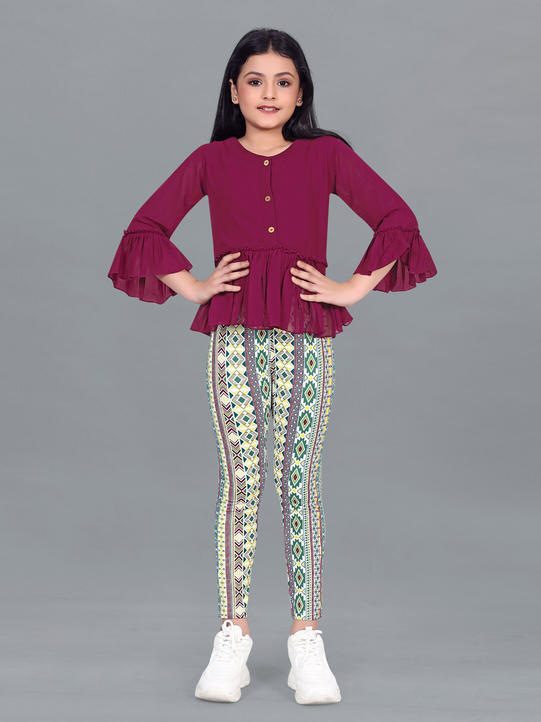 FASHION DREAM Girls Georgette Top with Printed Leggings Set