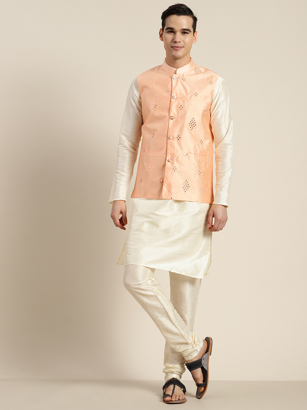 SOJANYA Mandarin Collar Regular Kurta With Churidar & With Nehru Jacket