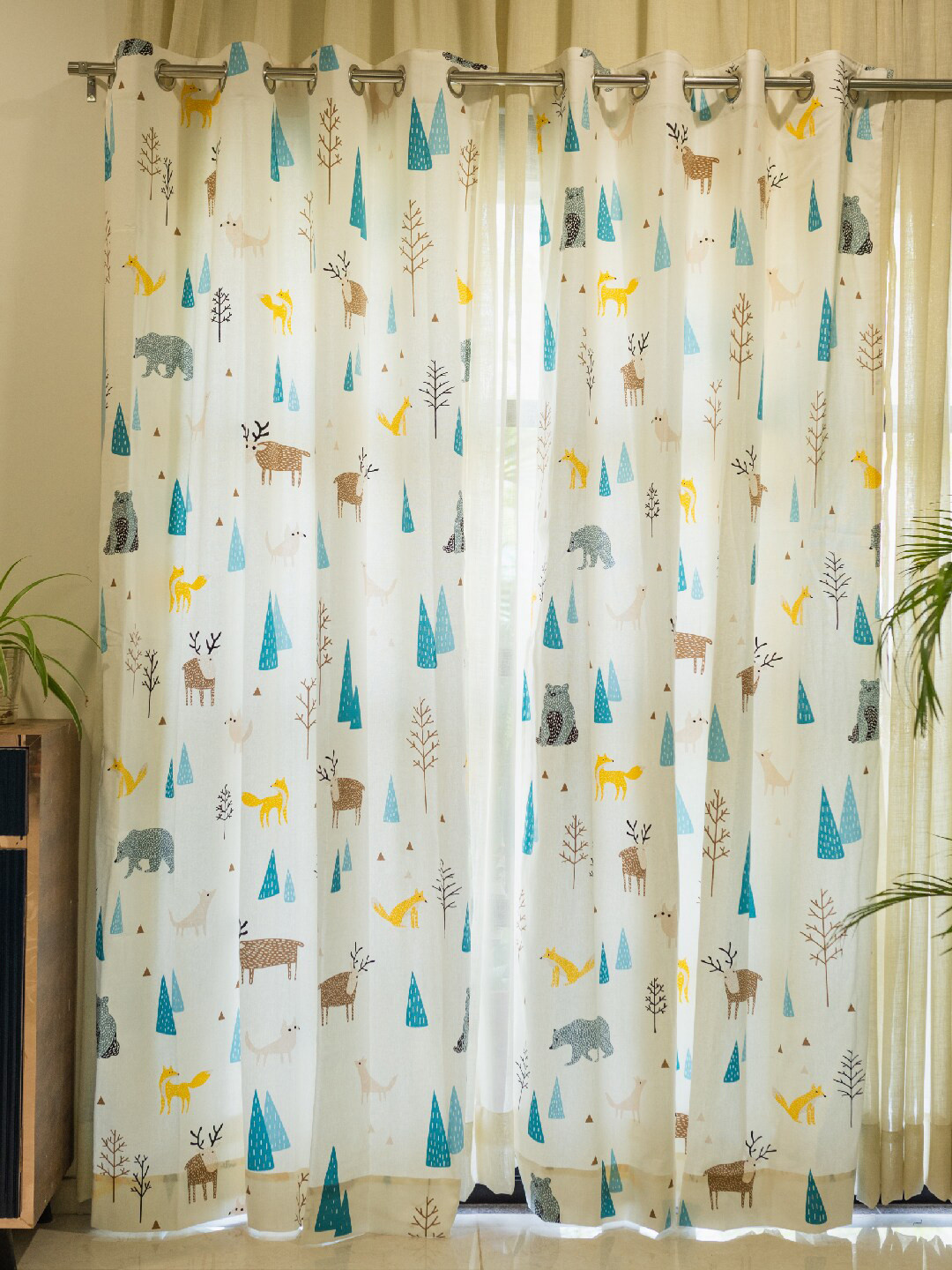 URBAN SPACE Off White & Blue 2-Pieces Quirky Cotton Long Door Curtains