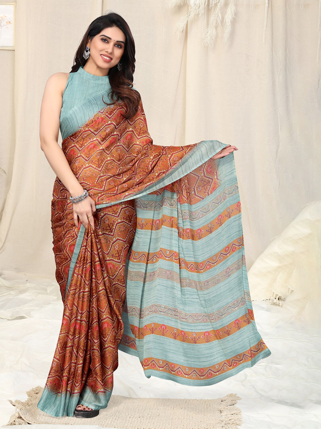 KALINI Floral Printed Poly Chiffon Block Print Saree