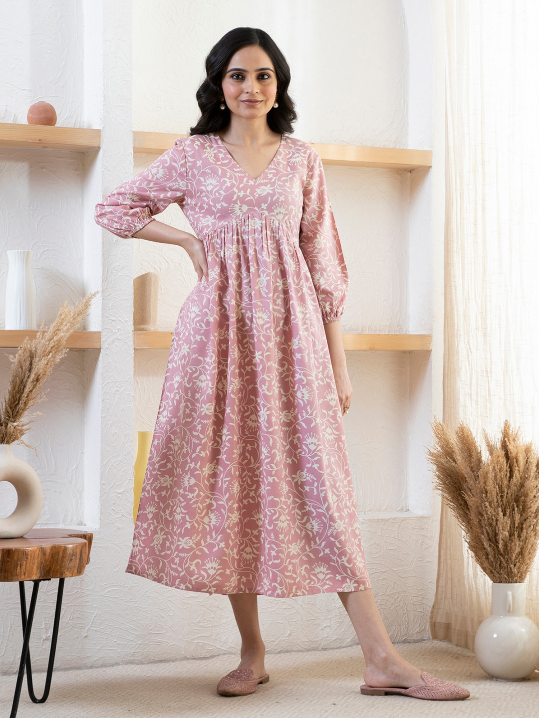 Rustorange Pink Floral Printed Empire Midi Ethnic Dress