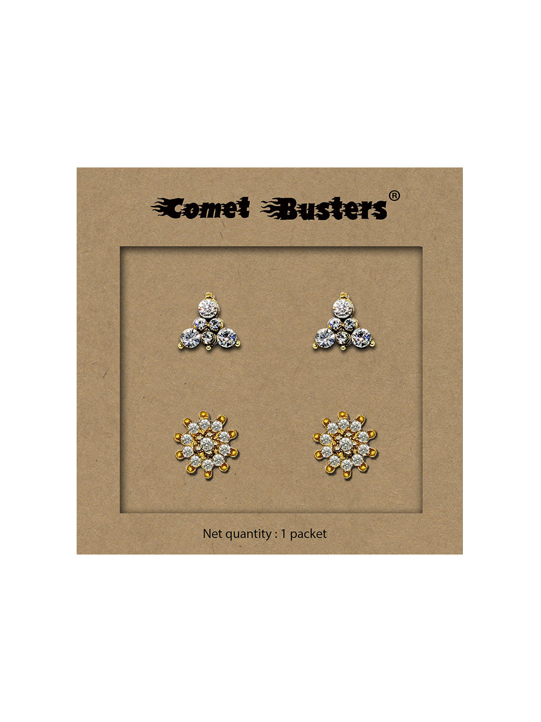 Comet Busters Set Of 2 Gold-Plated Contemporary Non Piercing Self Adhesive Studs Earrings
