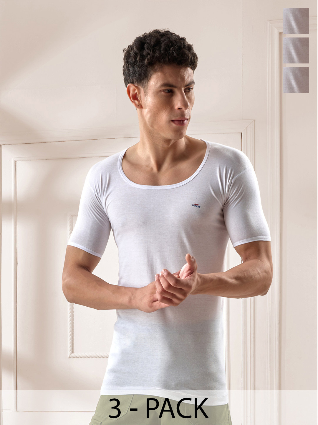 LUX VENUS Men Pack Of 3 Pure Cotton Undershirt Innerwear Vests- VENUS_WH_RNS_95_3PC