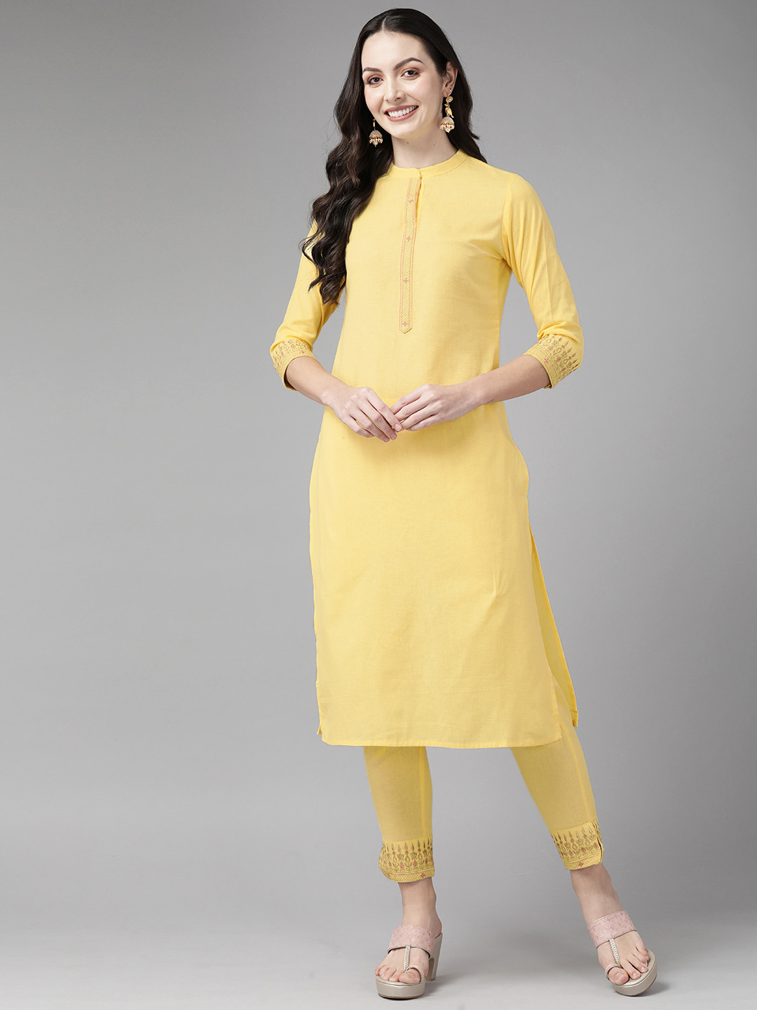 Cayman Yoke Design Regular Thread Work Pure Cotton Kurta with Trousers