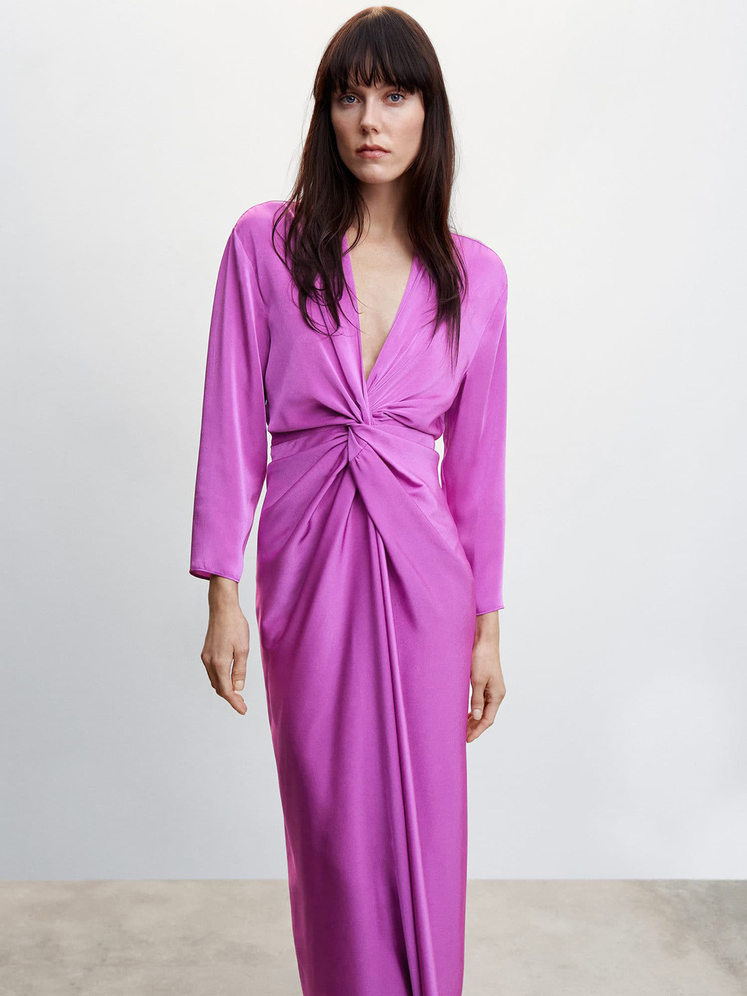 MANGO V-Neck Knot Detail Satin Maxi Dress