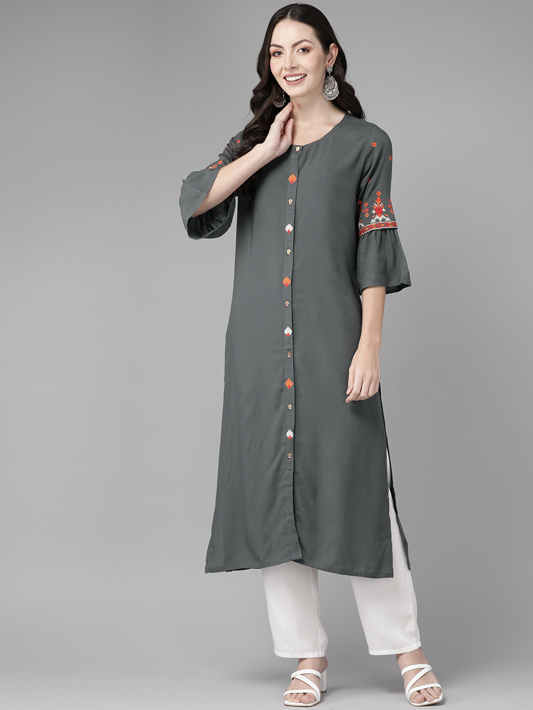 Cayman Geometric Embroidered Bell Sleeves Pure Cotton Kurta