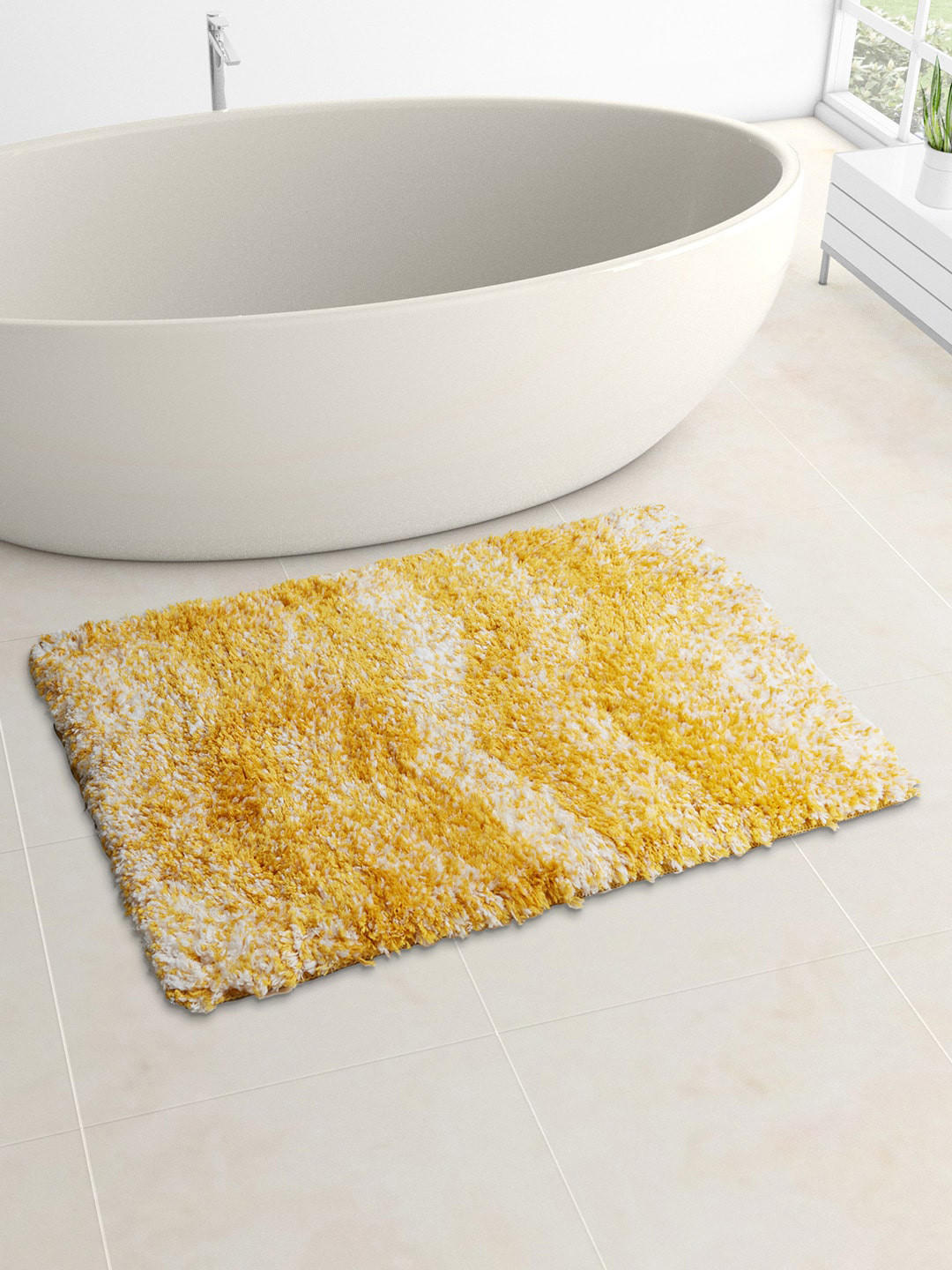 Living scapes by Pantaloons Yellow & White Striped 1600 GSM Rectangular Bath Rug