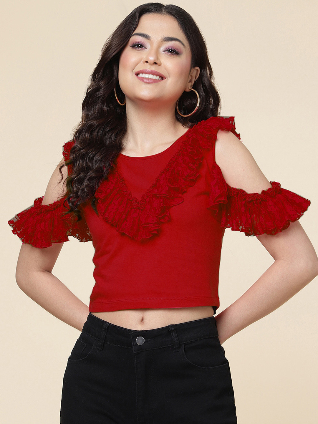 A.T.U.N. Cold-Shoulder Ruffles Pure Cotton Crop Top