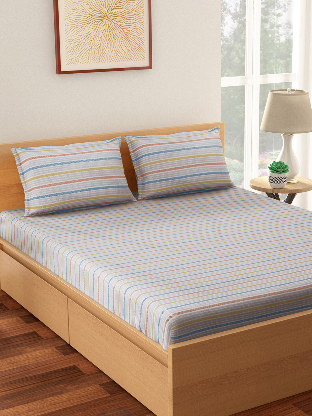 Living scapes by Pantaloons Grey Striped Cotton 128 TC Queen Bedsheet with 2 Pillow Covers-88 x 108 inches