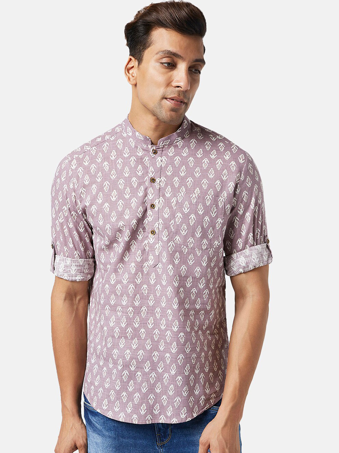 indus route by Pantaloons Ethnic Motif Printed Mandarin Collar Pure Cotton Kurta