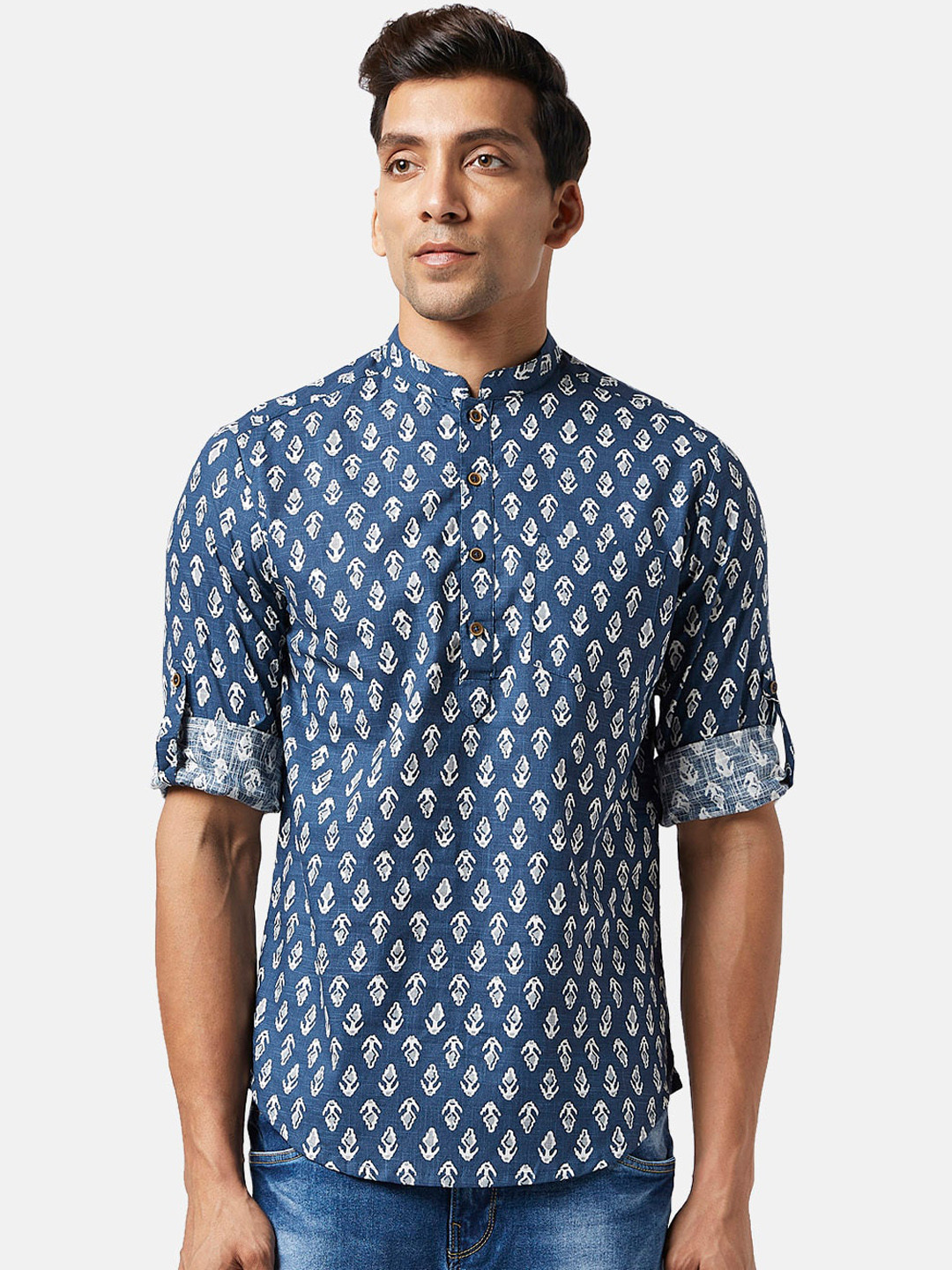 indus route by Pantaloons Ethnic Motif Printed Mandarin Collar Pure Cotton Kurta