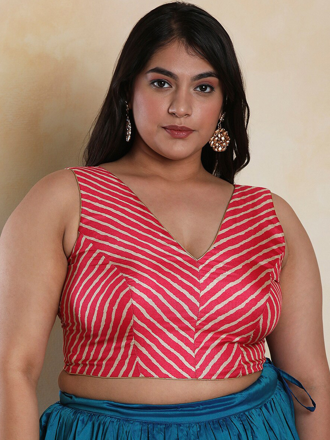 SALWAR STUDIO V- Neck printed Silk Blend Readymade Saree Blouse With Tie-Ups