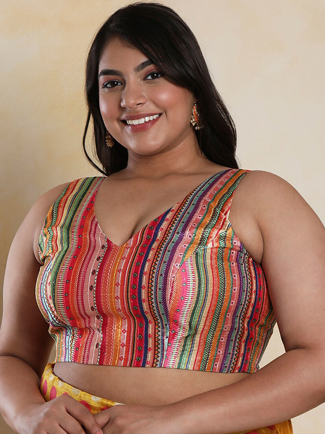 SALWAR STUDIO V- Neck Printed Silk Readymade Saree Blouse With Tie -Ups