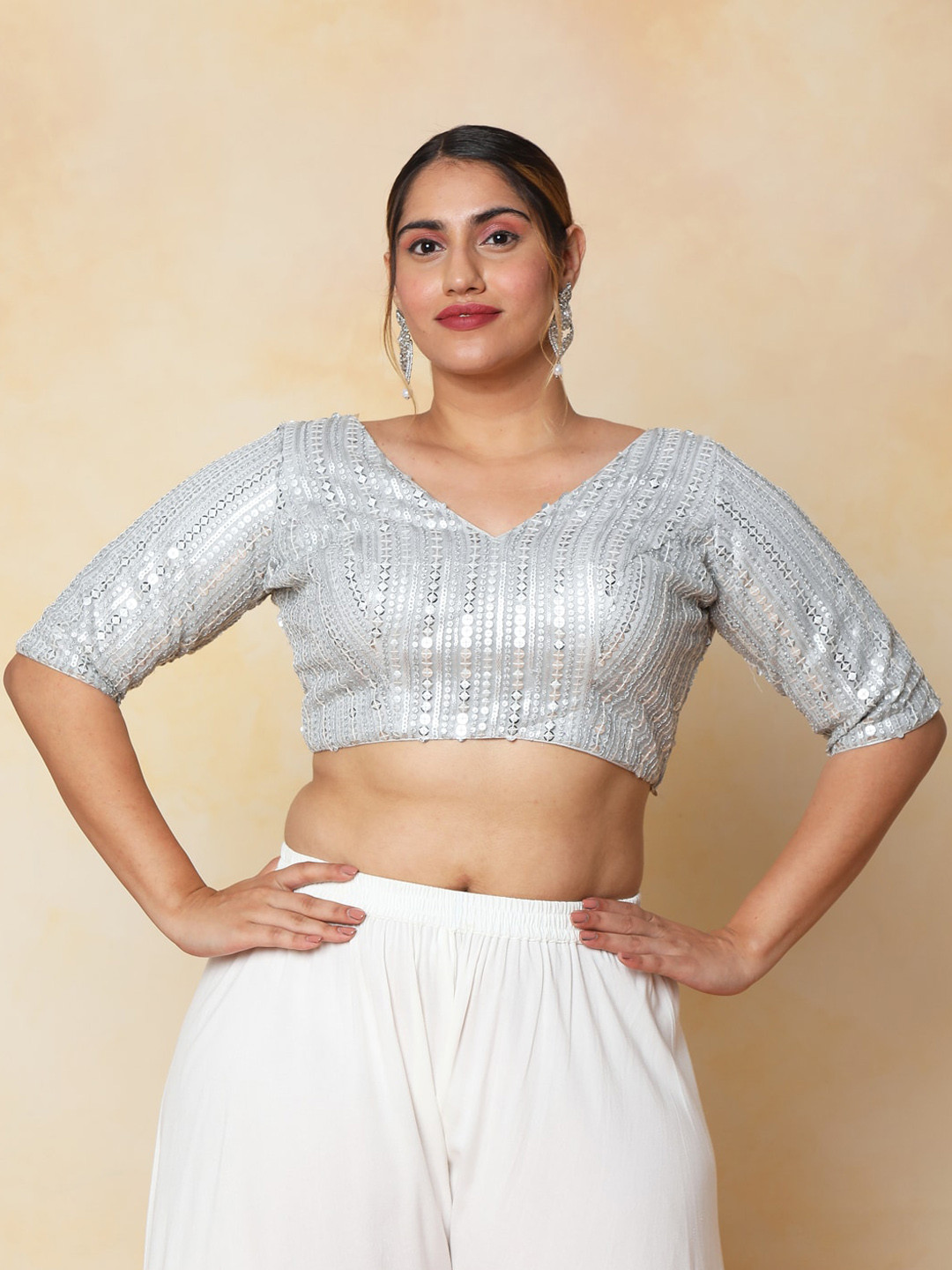 SALWAR STUDIO V-Neck Tissue Readymade Saree Blouse With Tie -Ups