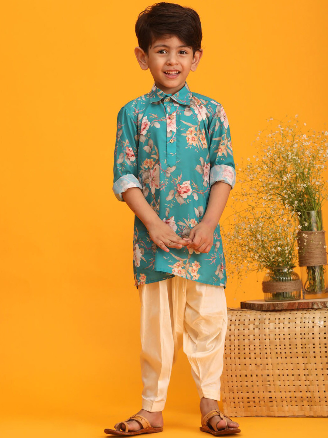 VASTRAMAY Boys Floral Printed Shirt Collar Kurta with Dhoti Pants