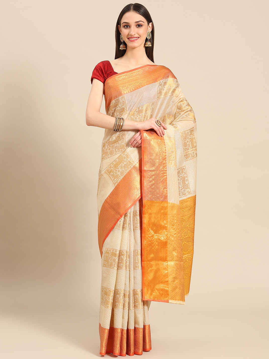 Silk Land Ethnic Motifs Woven Design Zari Jute Silk Tussar Saree