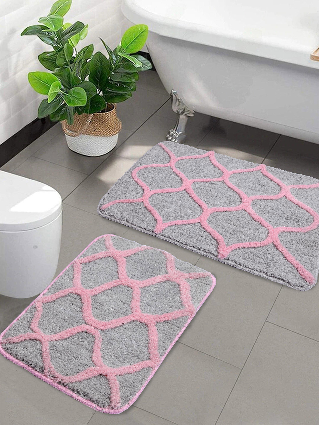 Saral Home Grey & Pink Antiskid Set Of 2 Doormats