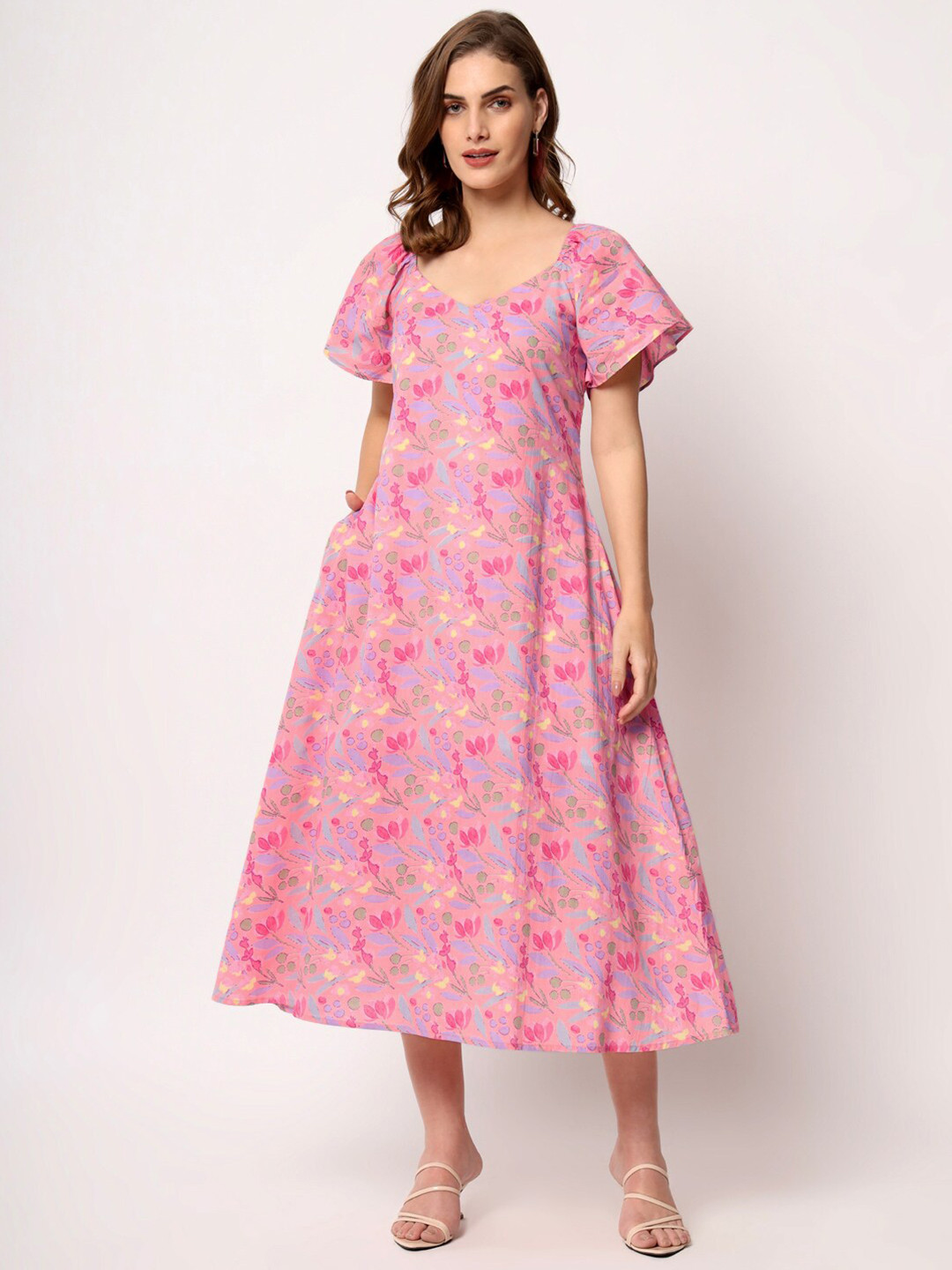 Lake Peace Floral Printed Flutter Sleeve Pure Cotton A-Line Midi Dress