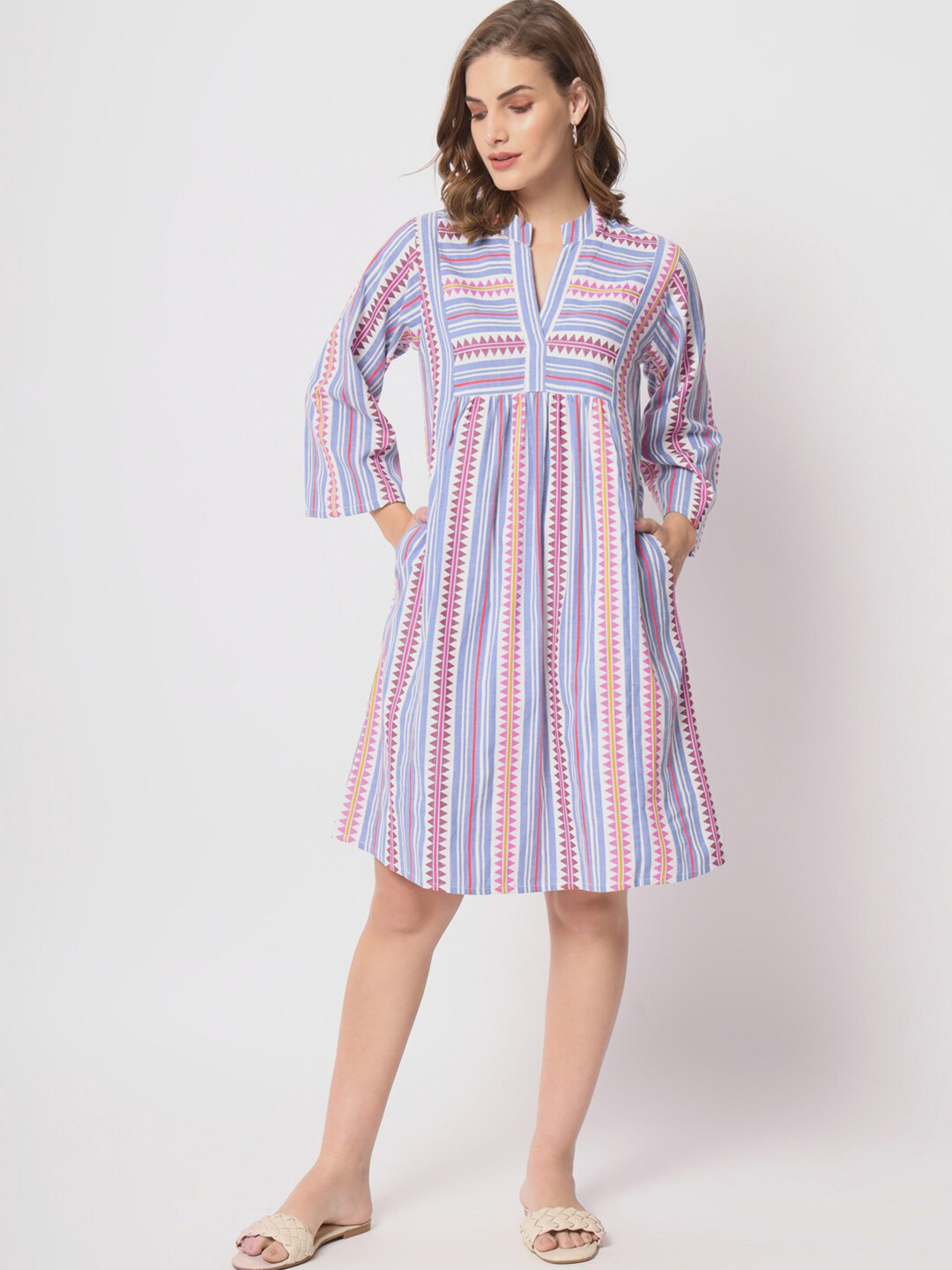 Lake Peace Geometric Printed Mandarin Collar Pure Cotton A-Line Dress