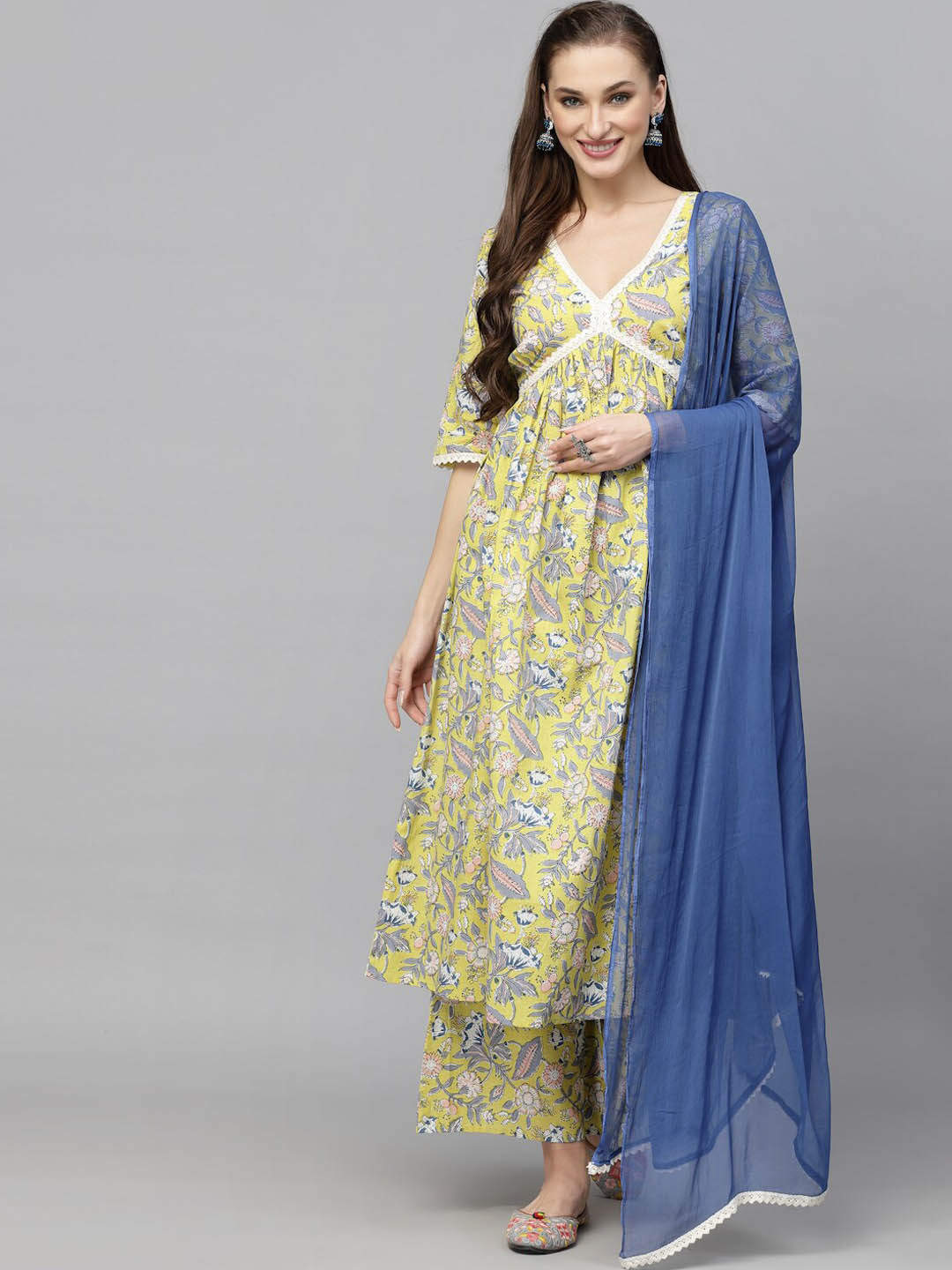 Stylum Floral Printed A-Line Pleated Pure Cotton Kurta with Palazzos & Dupatta
