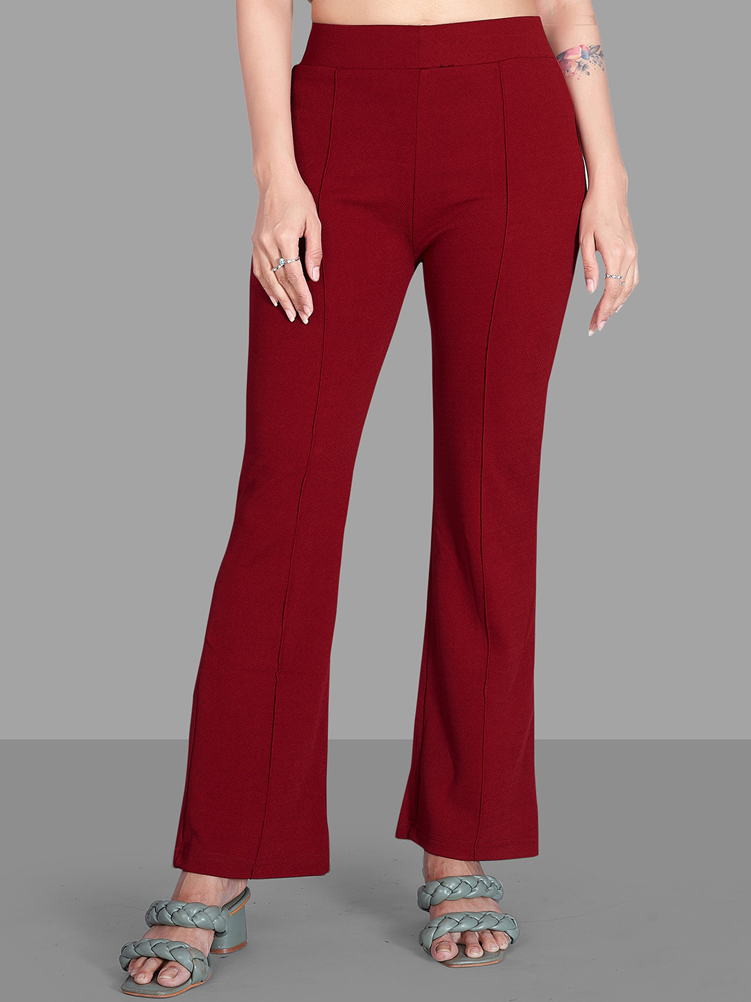 Jinax Women Maroon Straight Leg Straight Fit High-Rise Easy Wash Bootcut Trousers