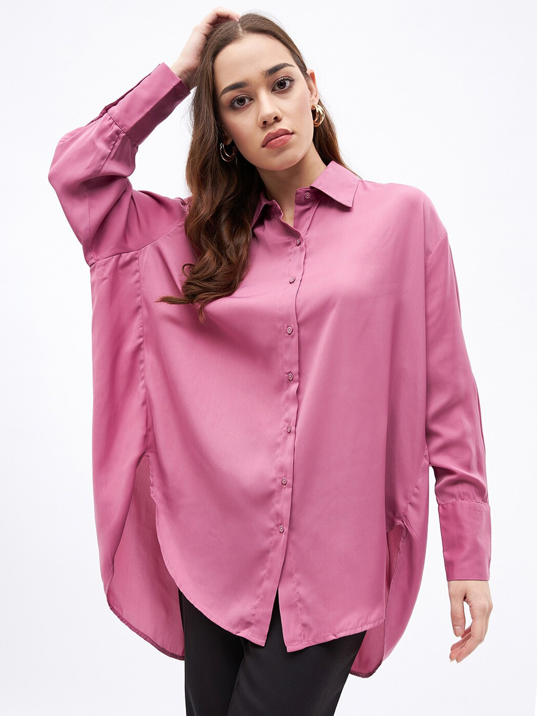 JUNE & HARRY Spread Collar Oversized Boxy Satin Party Shirt
