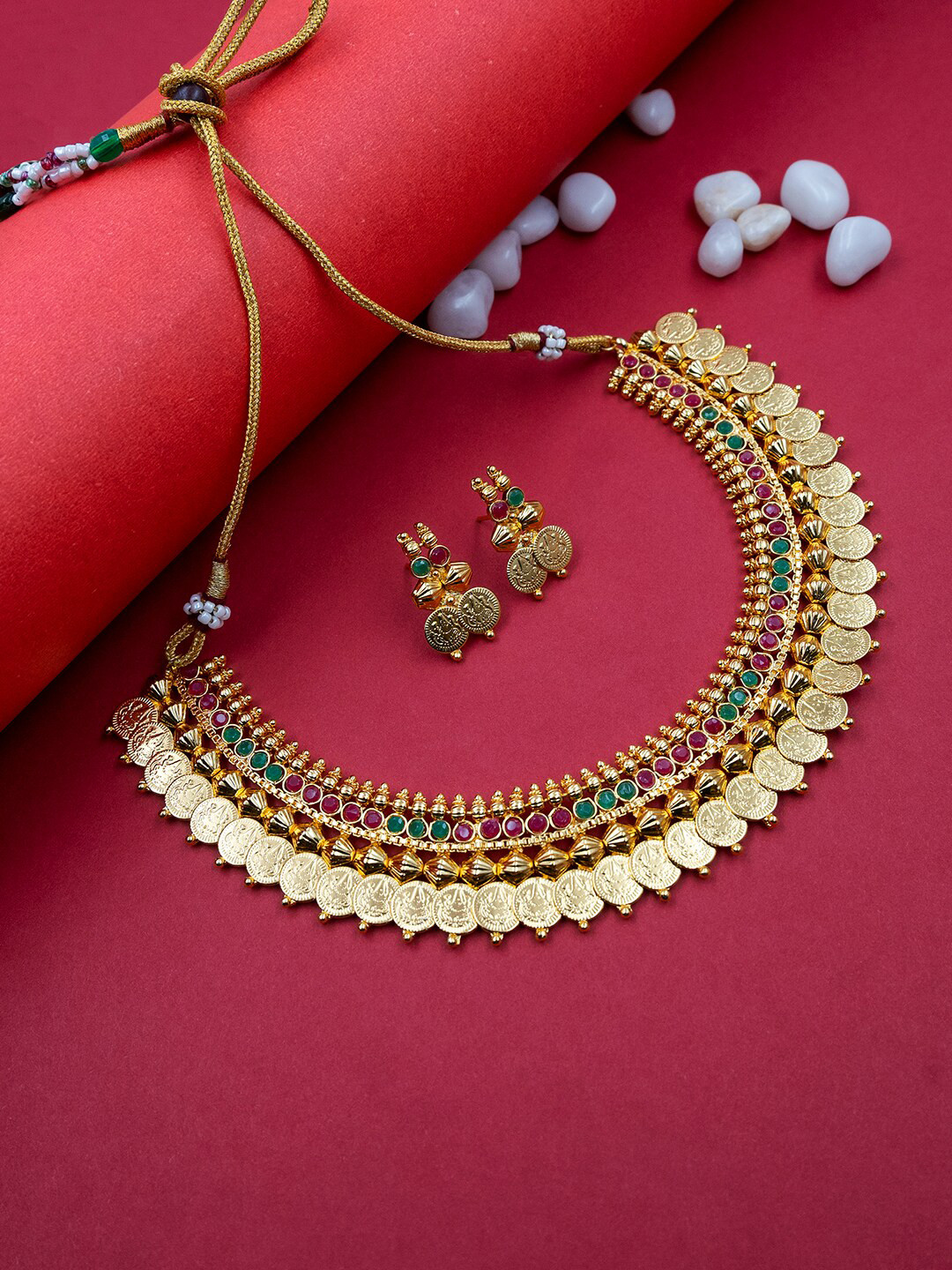 StileAdda Gold-Plated Temple Stone-Studded Jewellery Set