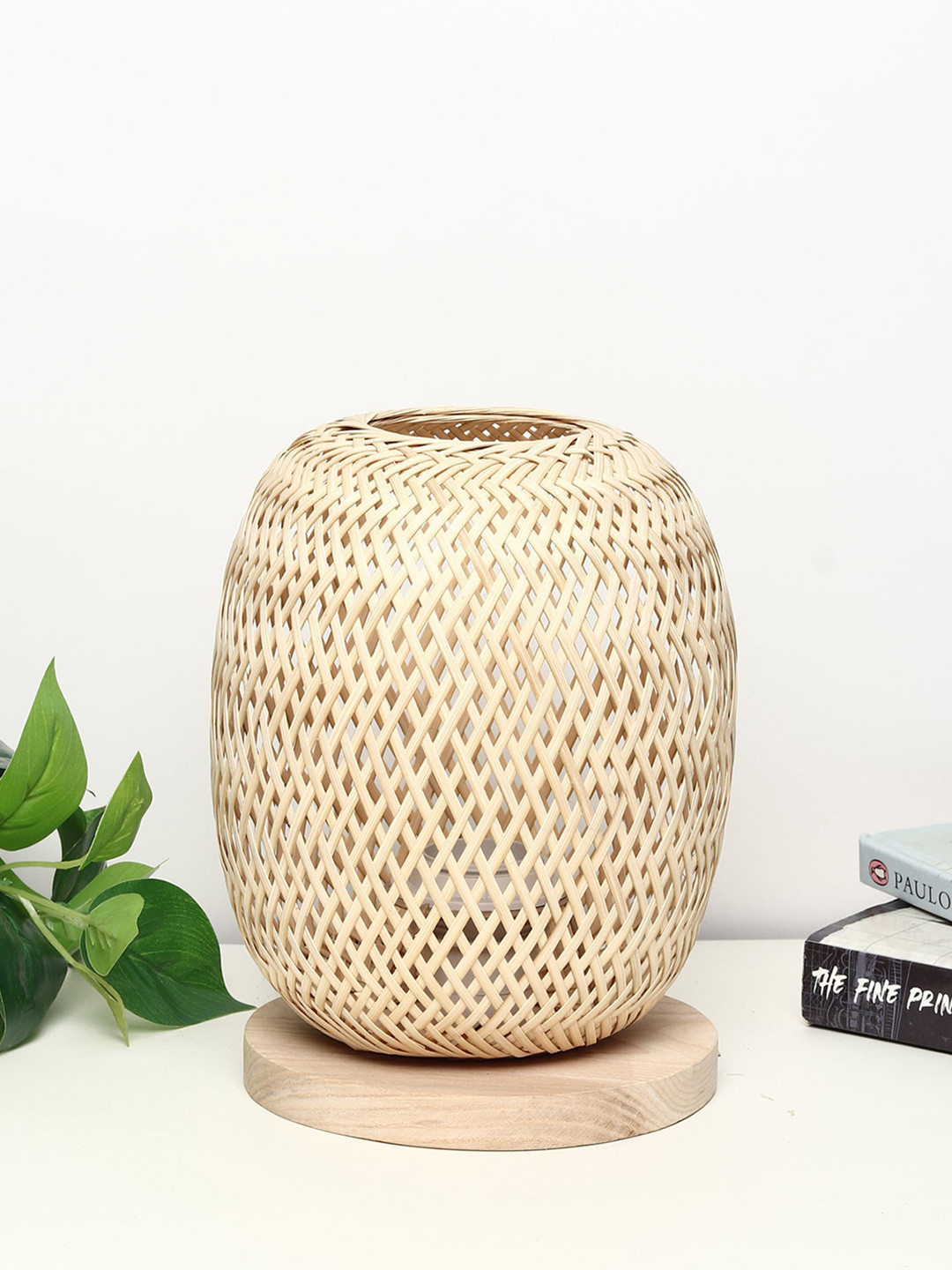 HABERE INDIA Beige Self-Design Cylindrical Bamboo Table Lamp With Wood Base