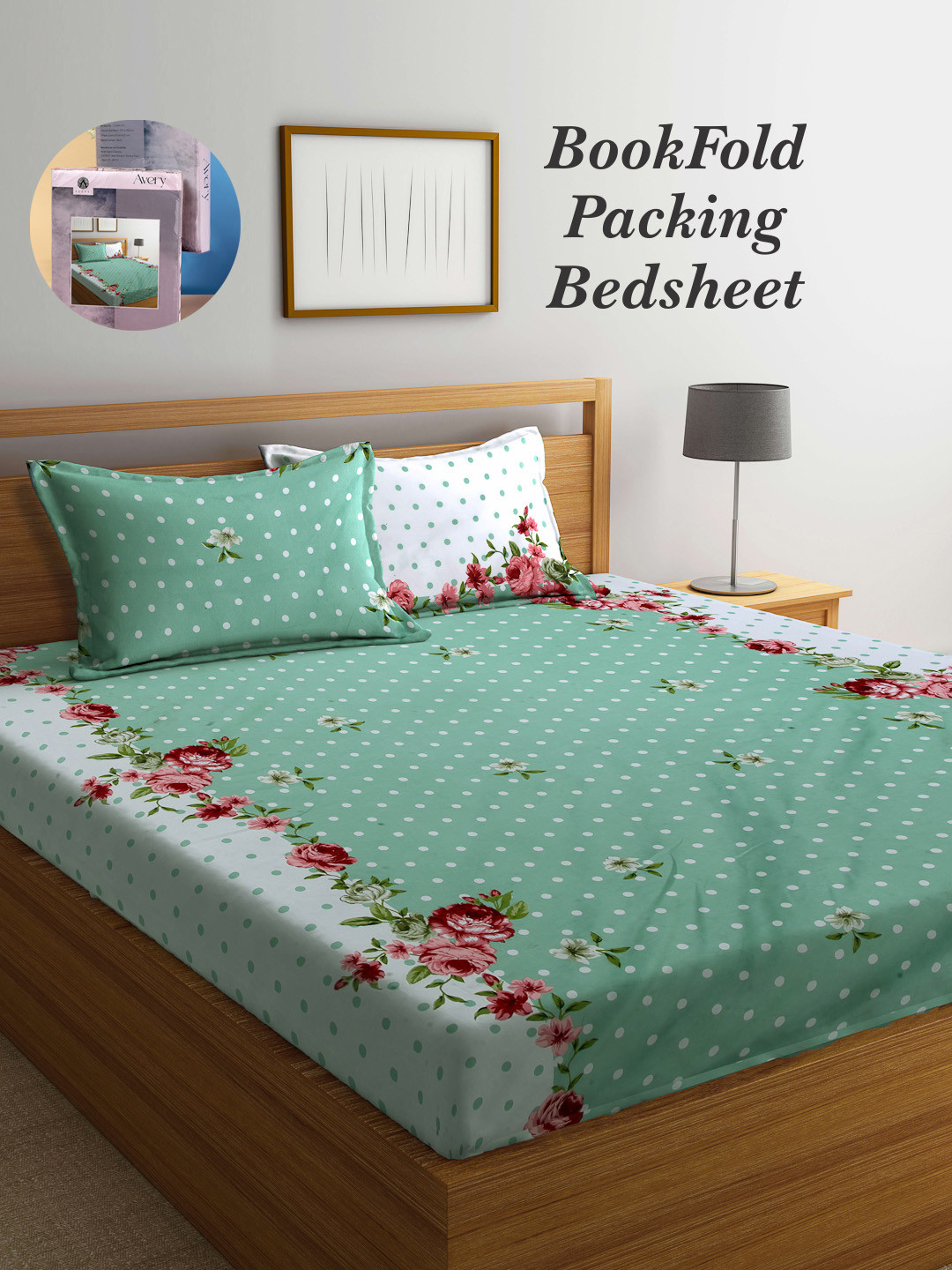 Arrabi Bookfold Green Floral Polycotton 300 TC King Fine Bedsheet with 2 Pillow Covers-98 x 85 inches