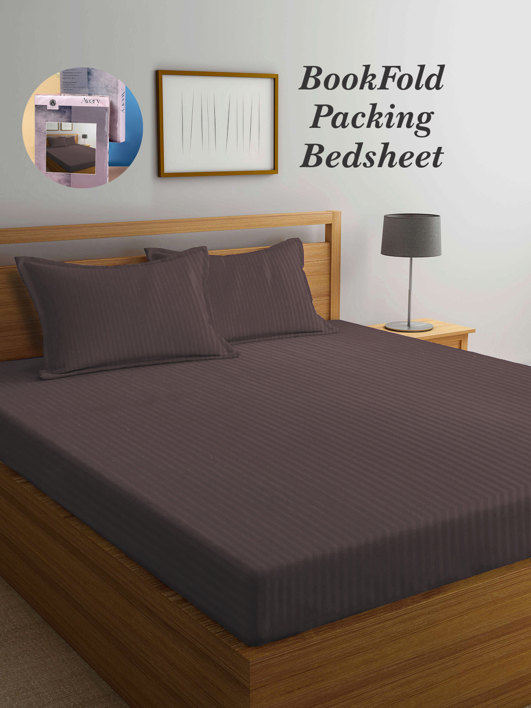 Arrabi Book Fold Brown Striped Cotton 300 TC Super King Fine Bedsheet with 2 Pillow Covers-270 x 260 cm
