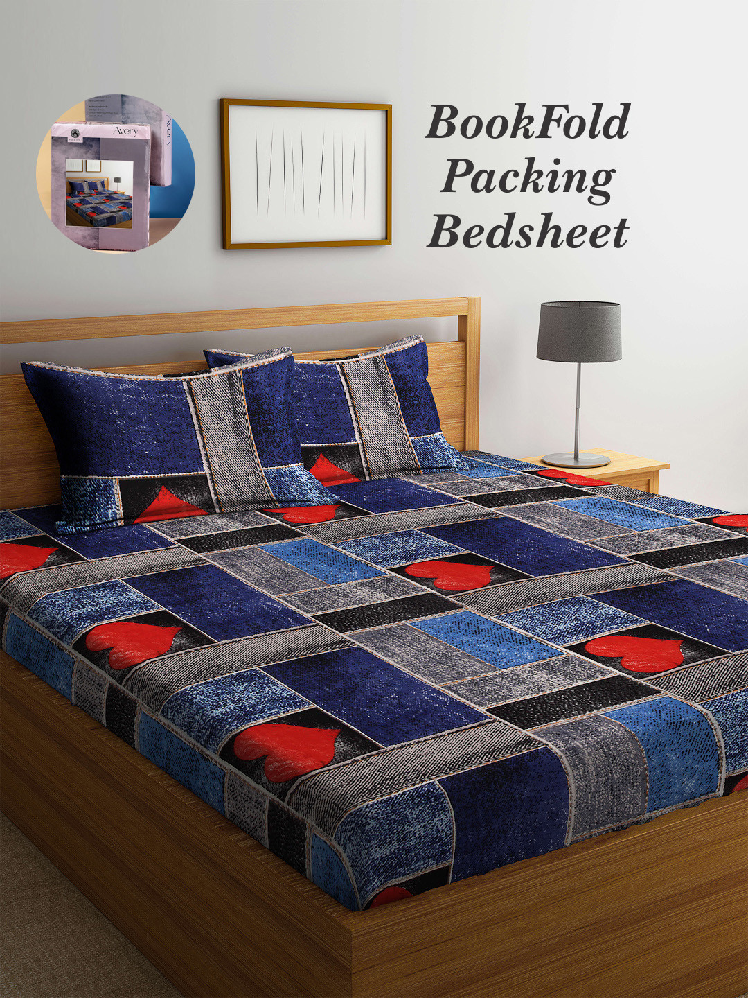 Arrabi Microcloud Blue Geometric Cotton 300 TC King Fine Bedsheet with 2 Pillow Covers-250 x 220 cm