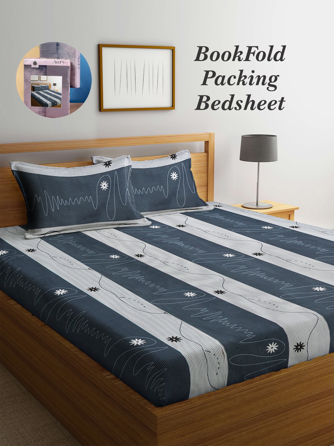 Arrabi Bookfold Grey Striped Polycotton 300 TC King Fine Bedsheet with 2 Pillow Covers-98 x 85 inches