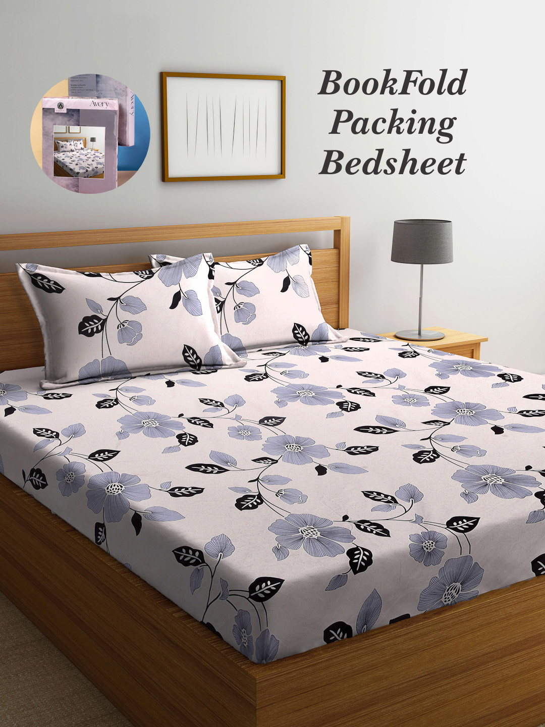 Arrabi Bookfold Beige Floral Polycotton 300 TC Super King Fine Bedsheet with 2 Pillow Covers-106 x 102 inches